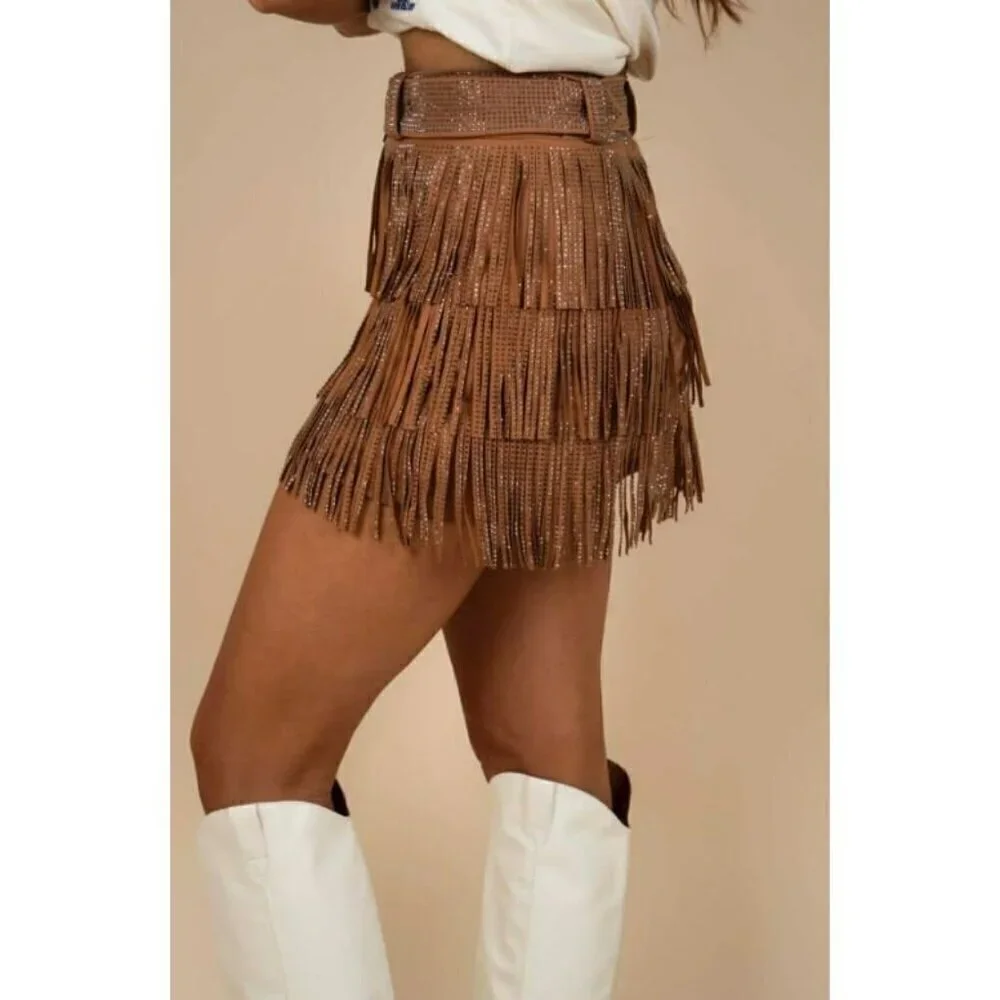 *PLUS ONLY* Spotlight Stealer Rhinestone Fringe Mini Skort Camel - Picture 4 of 10